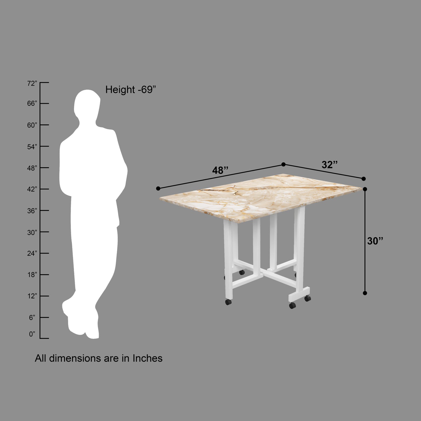 Folding Dining Table(Rectangular, Gold Marble, White Metal Frame)