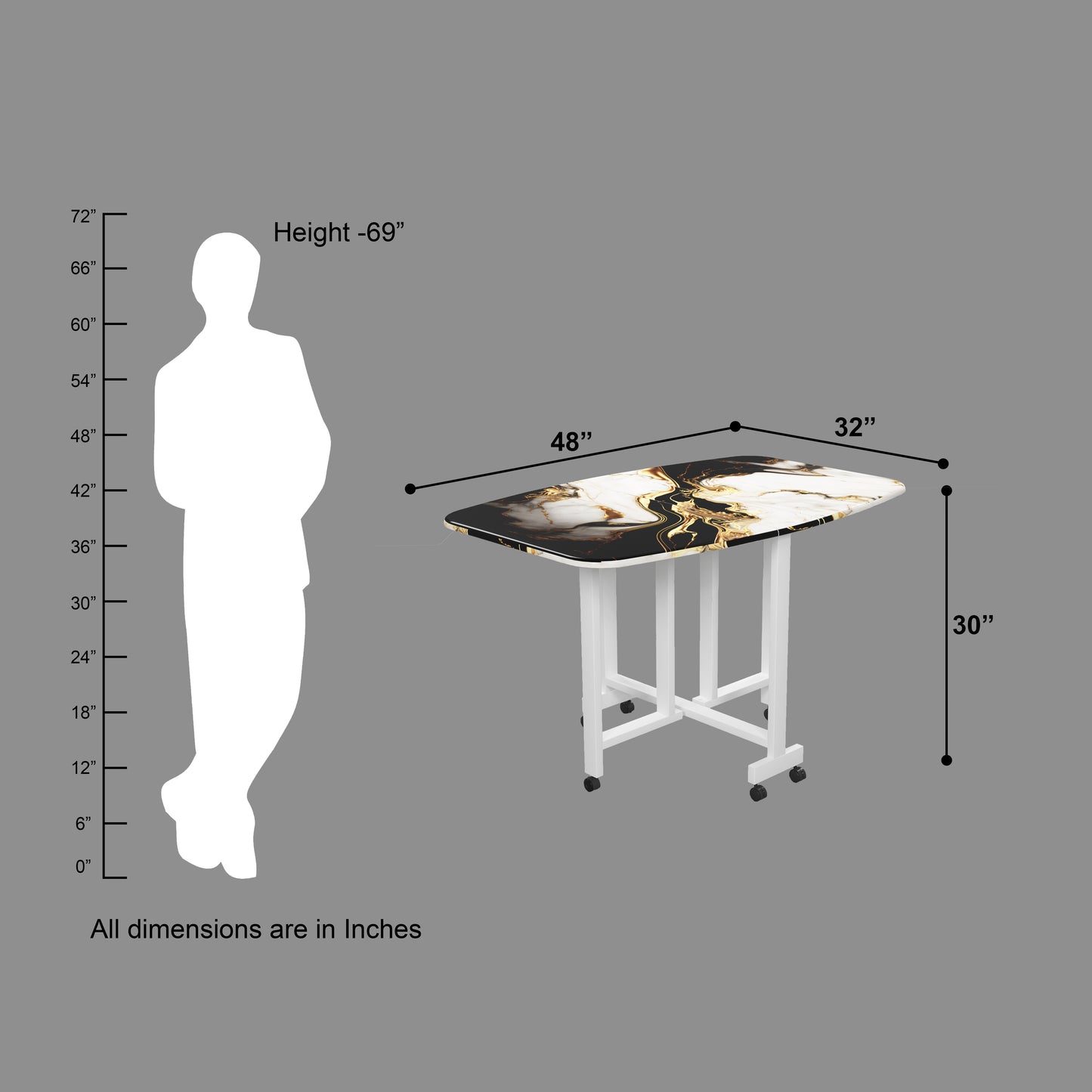 Folding Dining Table( Italian, White and Black with Gold Marble, White Metal Frame)
