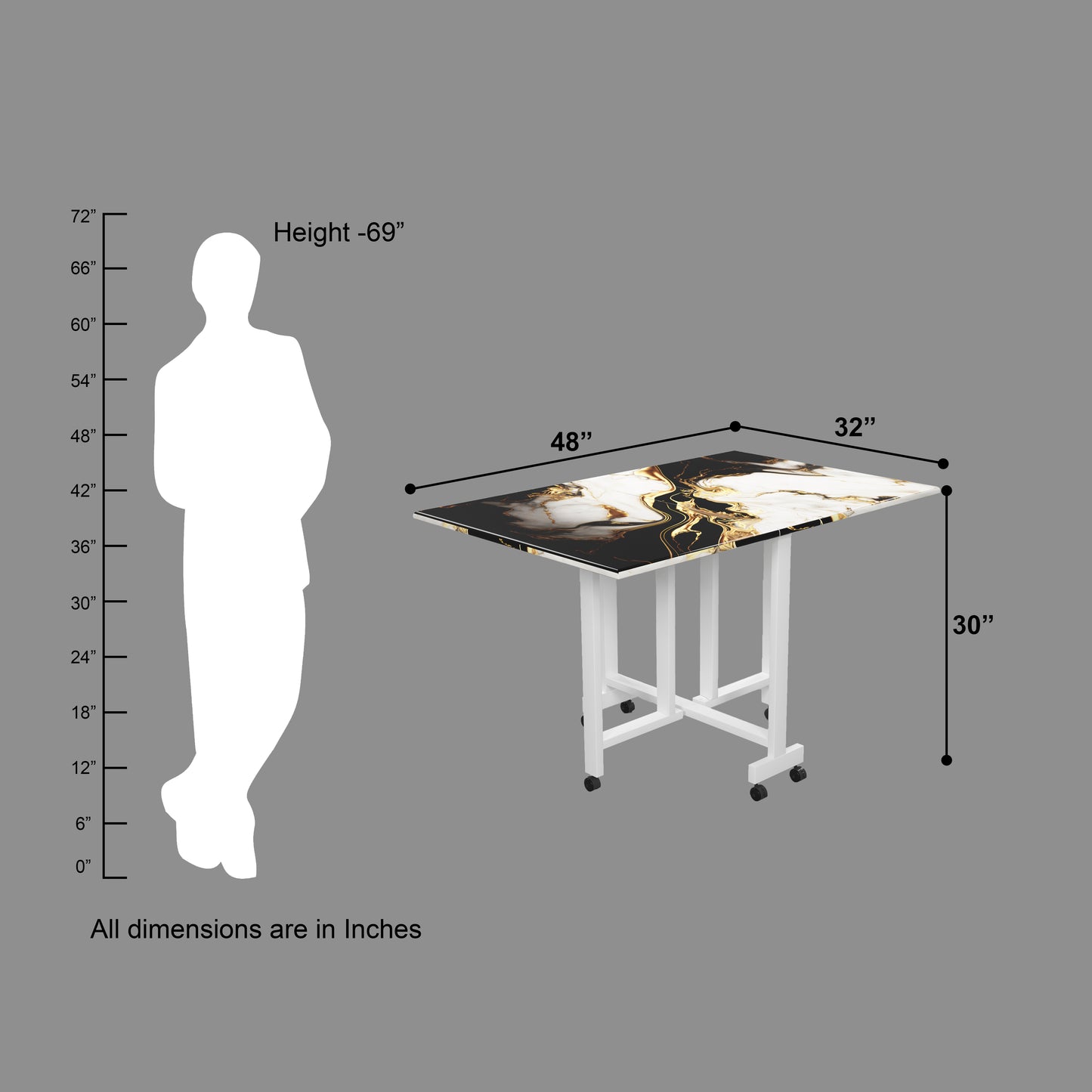 Folding Dining Table(Rectangular, White and Black with Gold Marble, White Metal Frame)