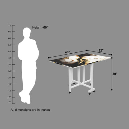 Folding Dining Table(Rectangular, White and Black with Gold Marble, White Metal Frame)