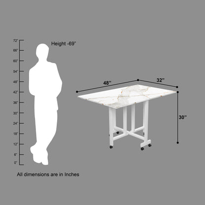 Folding Dining Table(Rectangular, White with Gold Marble, White Metal Frame)
